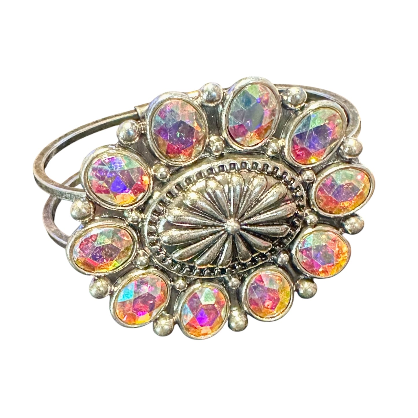 Large Iridescent Flower Clasp Cuff Bracelet