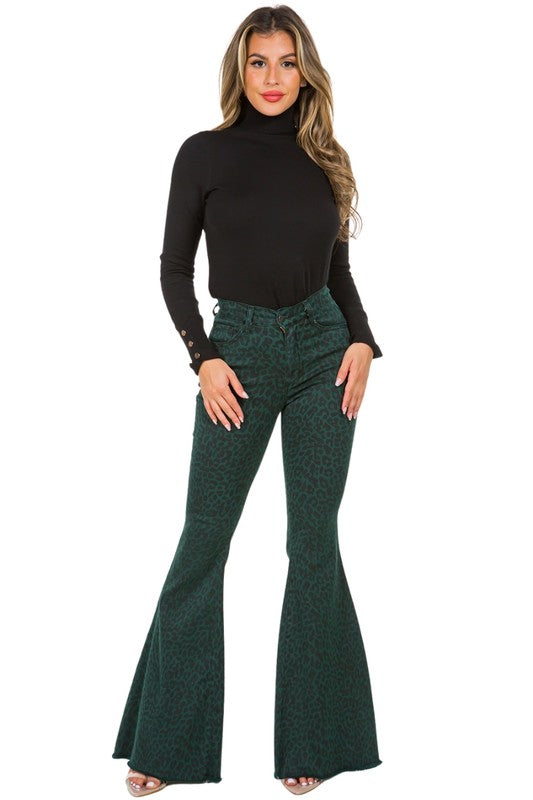 Leopard Bell Bottom Jean in Pine Green - Inseam 34"