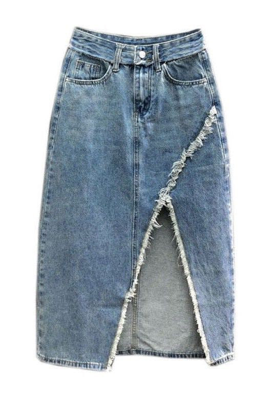 Distressed denim midi skirt Giddy Up Darlin Boutique