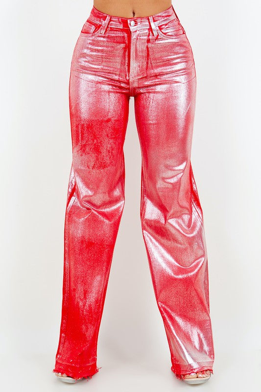 Metallic Wide Leg Jean in Red - Inseam 34.5"