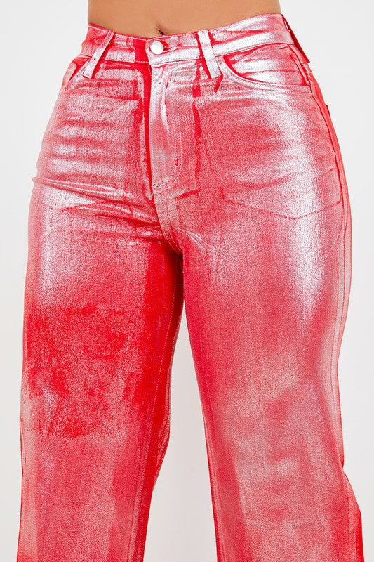 Metallic Wide Leg Jean in Red - Inseam 34.5"