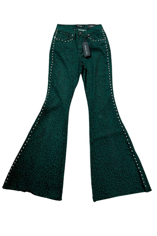 Leopard Studded Bell Bottom Jean - Inseam 34"