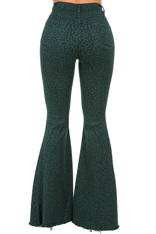 Leopard Bell Bottom Jean in Pine Green - Inseam 34"
