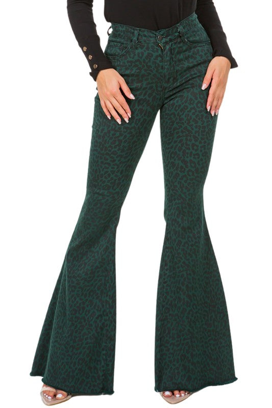 Leopard Bell Bottom Jean in Pine Green - Inseam 34"