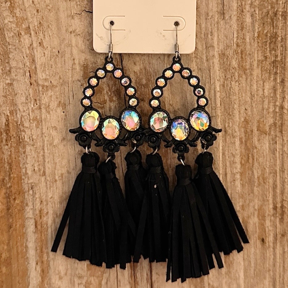 Three Stone Black Iridescent Tassel Earrings