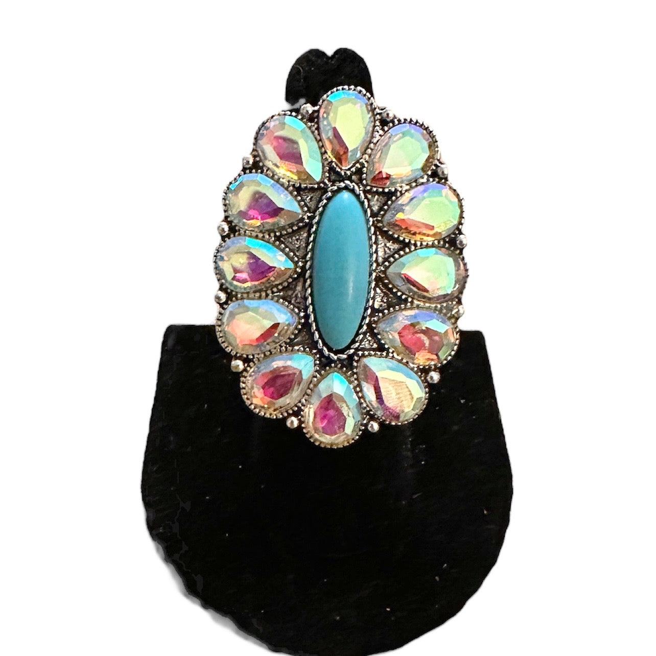 Silver Turquoise Oval Iridescent Adjustable Ring