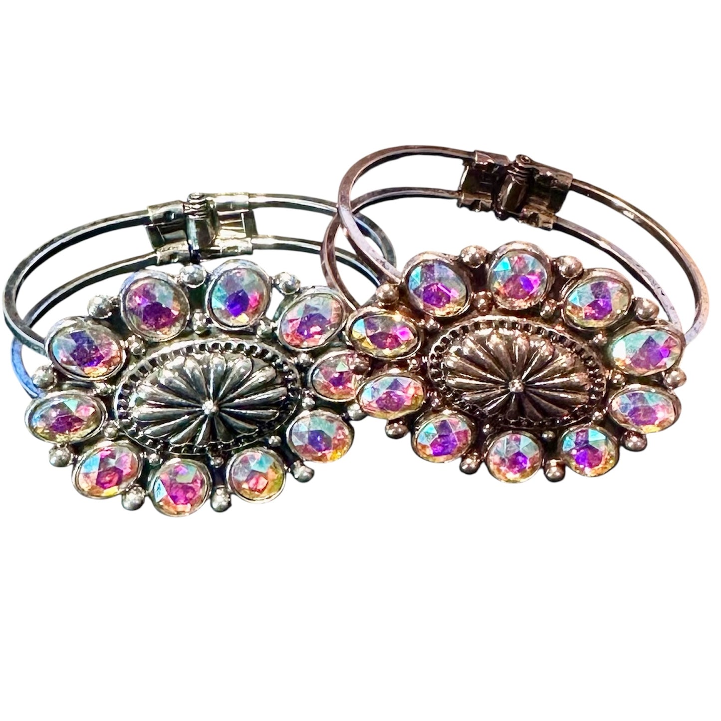 Large Iridescent Flower Clasp Cuff Bracelet