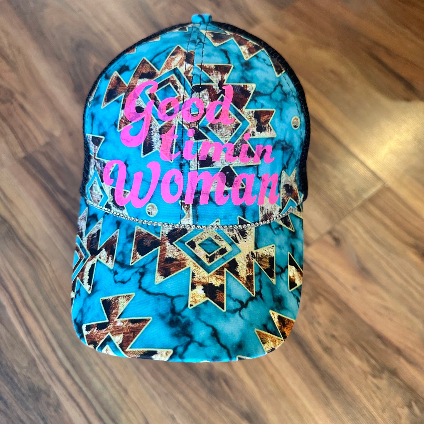 Good Timin Woman Trucker Hat with Pony Tail Opening