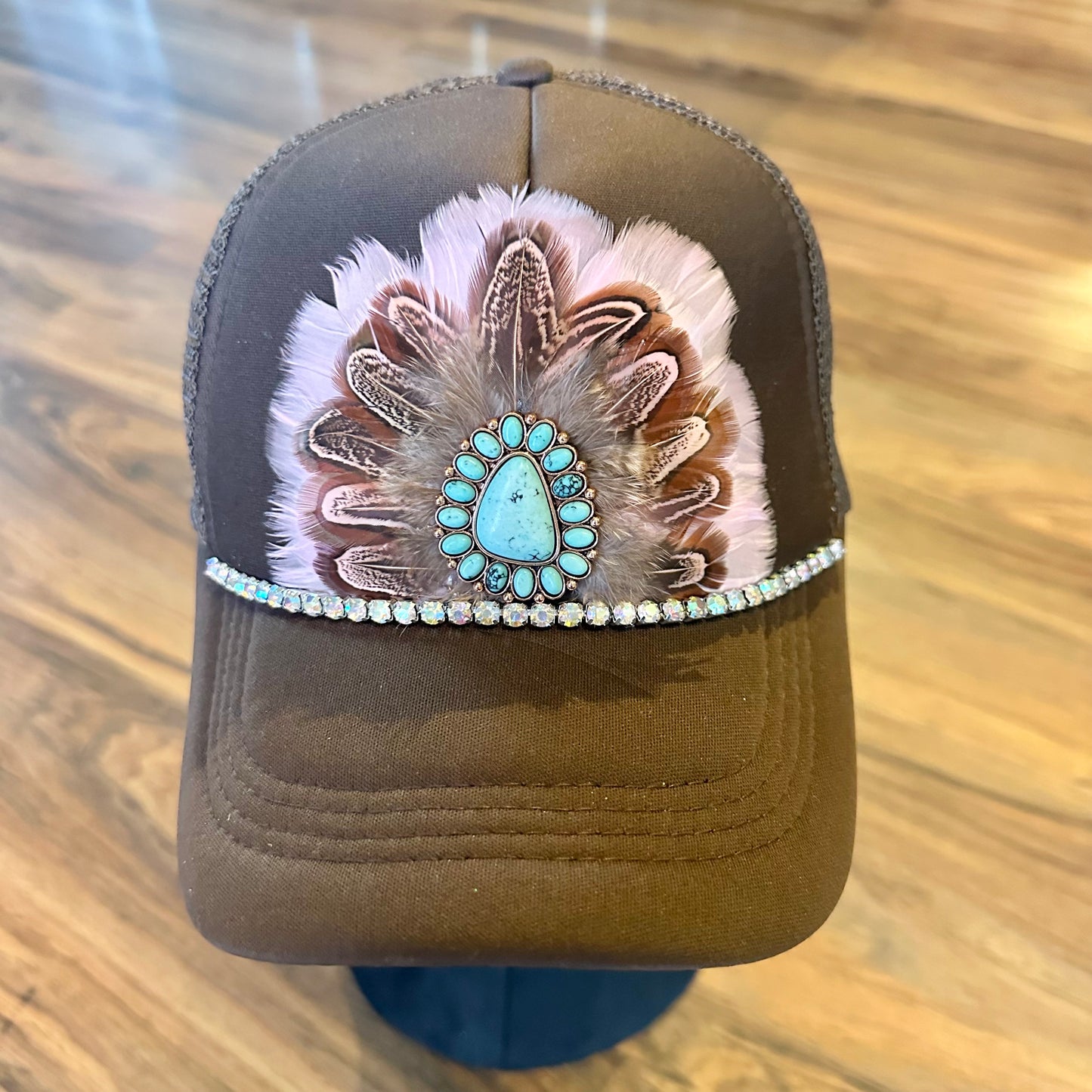 Brown and Light Pink Feathered Trucker Hat - SOLD