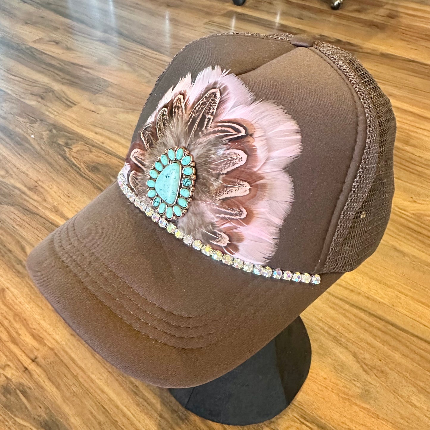 Brown and Light Pink Feathered Trucker Hat - SOLD