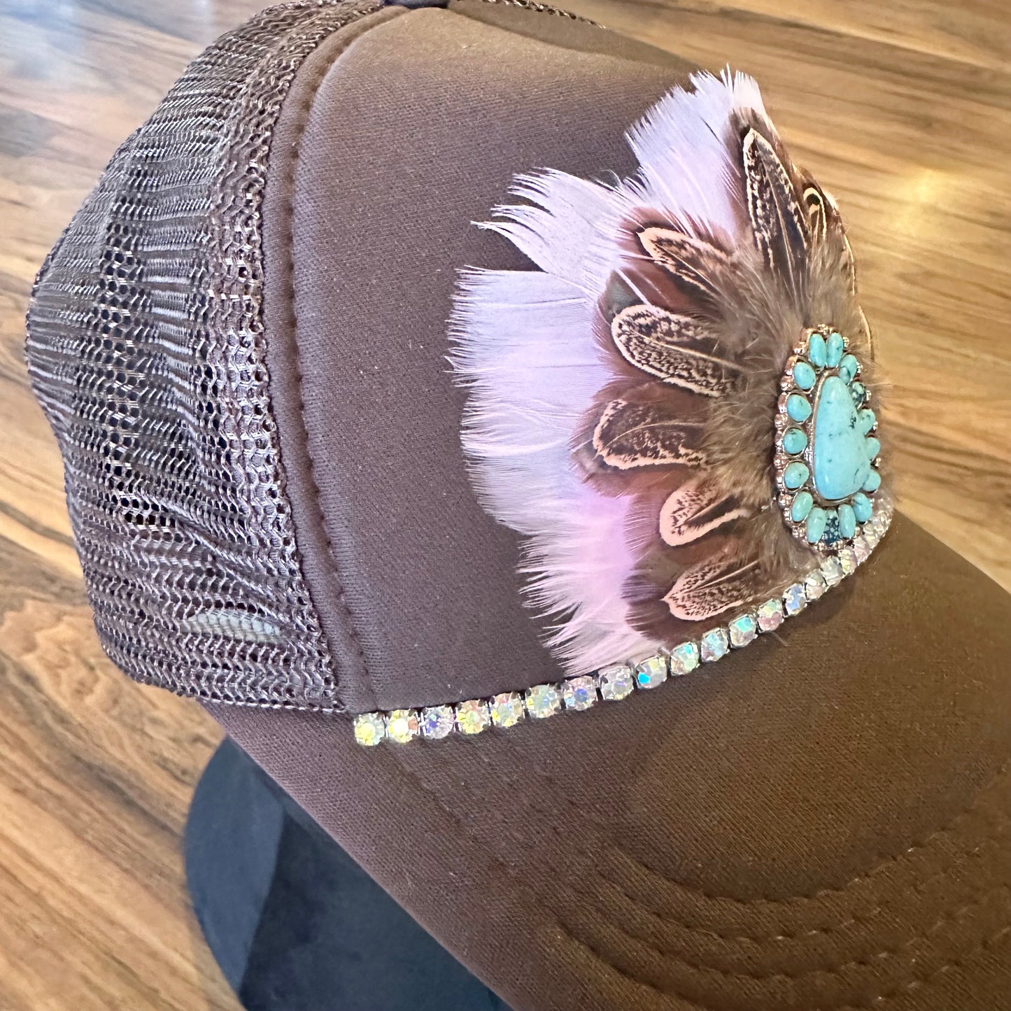 Brown and Light Pink Feathered Trucker Hat - SOLD