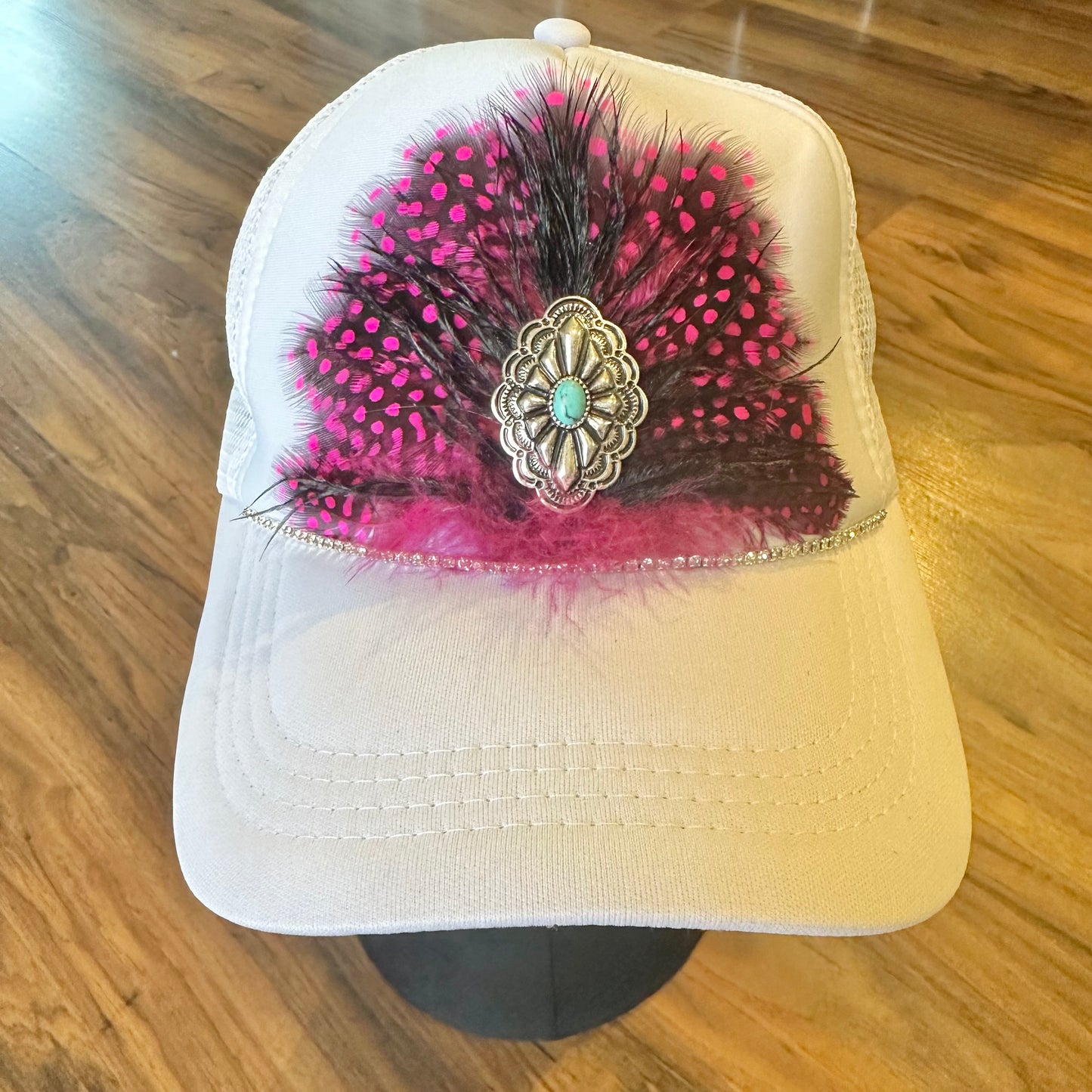 White and Pink Feathered Trucker Hat