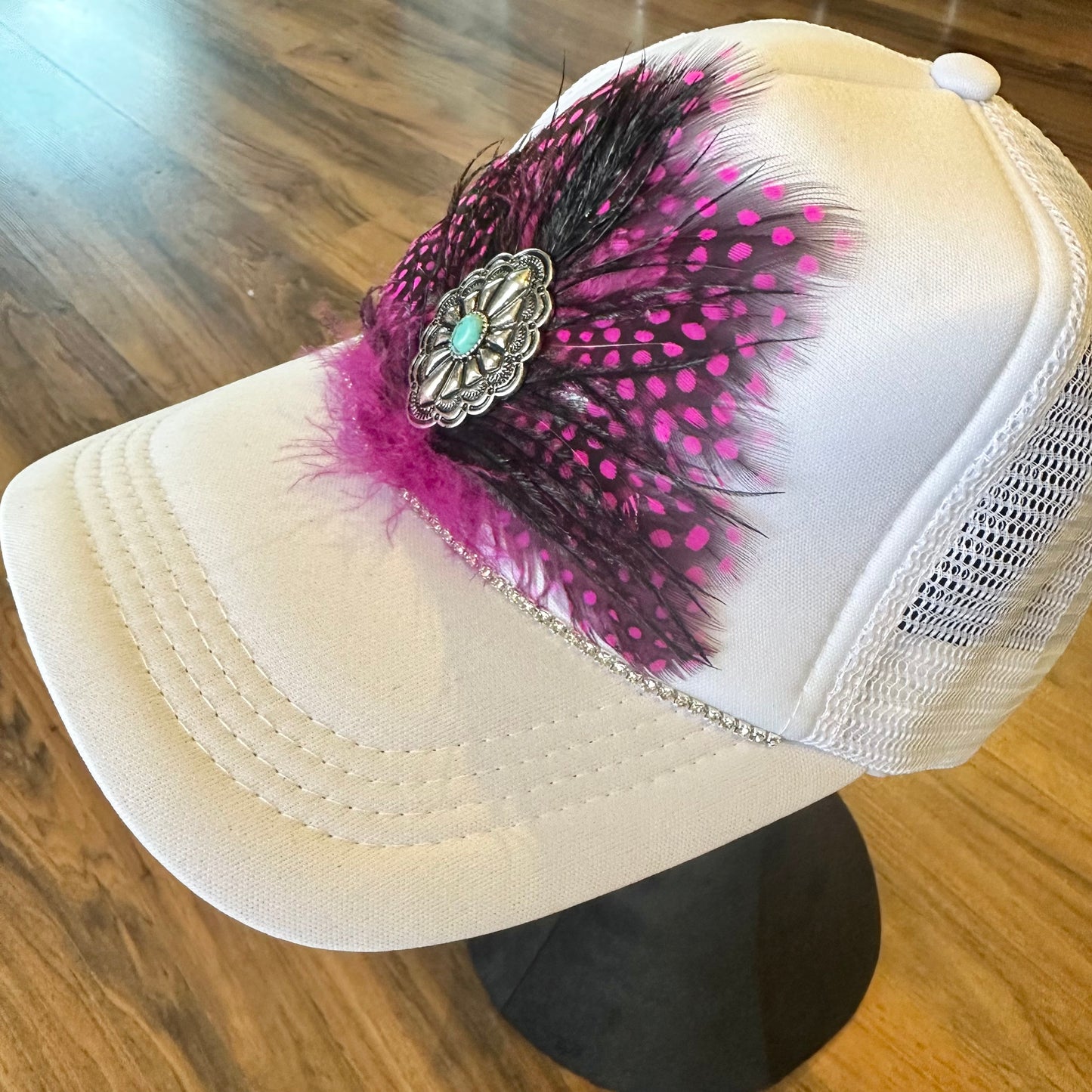 White and Pink Feathered Trucker Hat