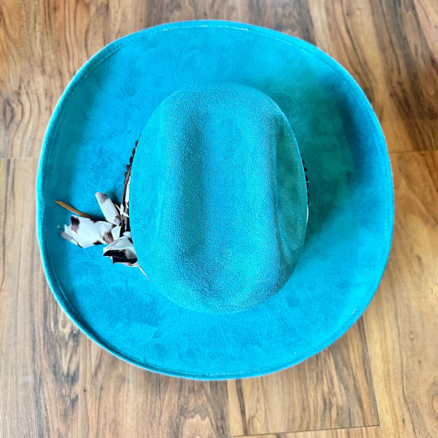 Turquoise Cowboy Hat with Cow Print Scarf - SOLD