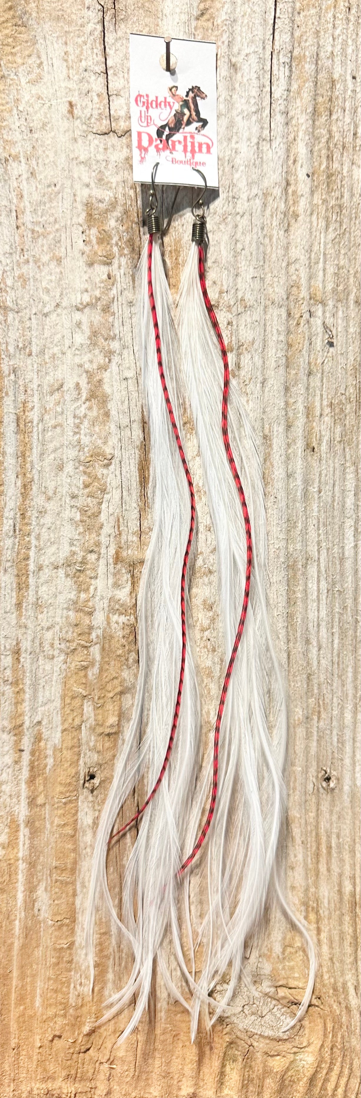 Red and White Long Feather Earrings