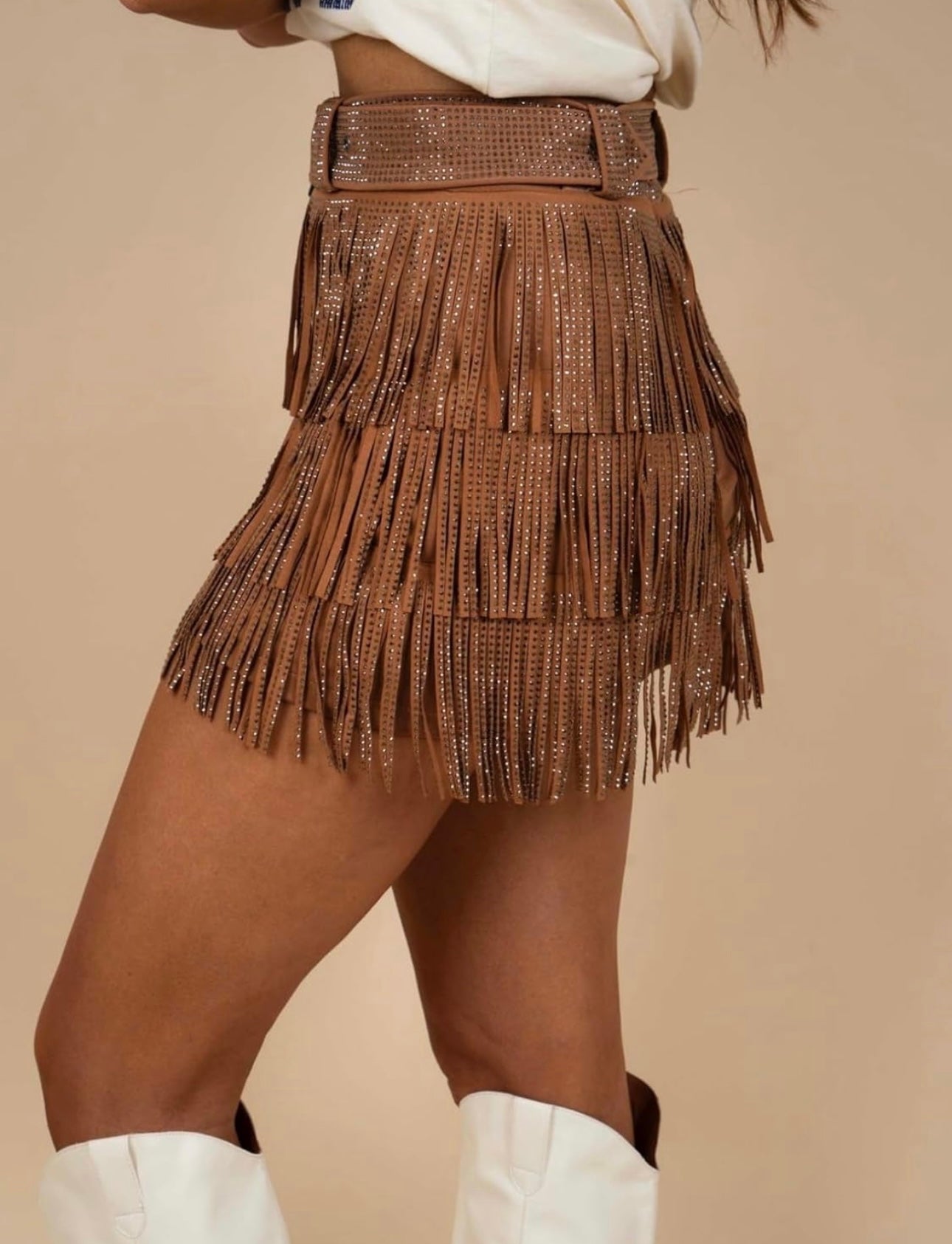 Brown Stud Fringe Skirt with Belt