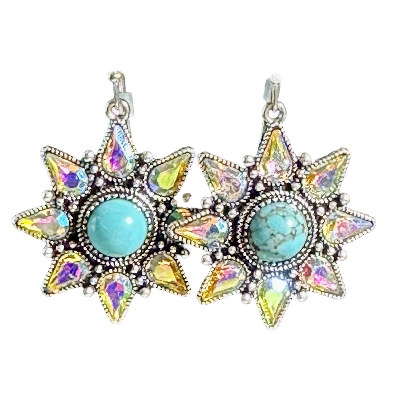 Silver Star Burst Turquoise Iridescent Earrings