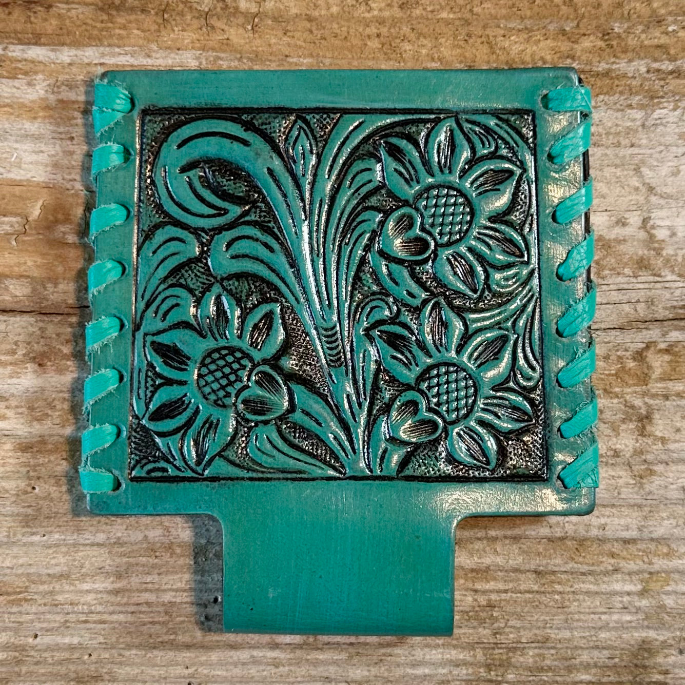 Turq. Tooled Leather Can Cooler