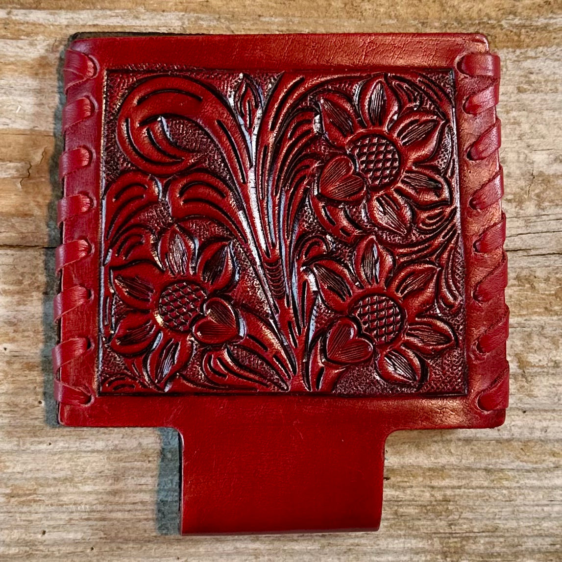 Red Tooled Leather Can Cooler