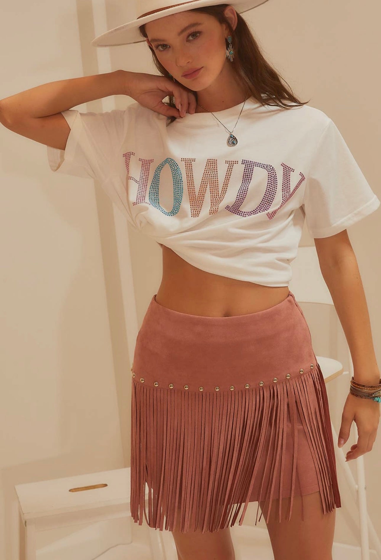 FRINGE WITH STUD MINI SKIRT - Dusty Rose