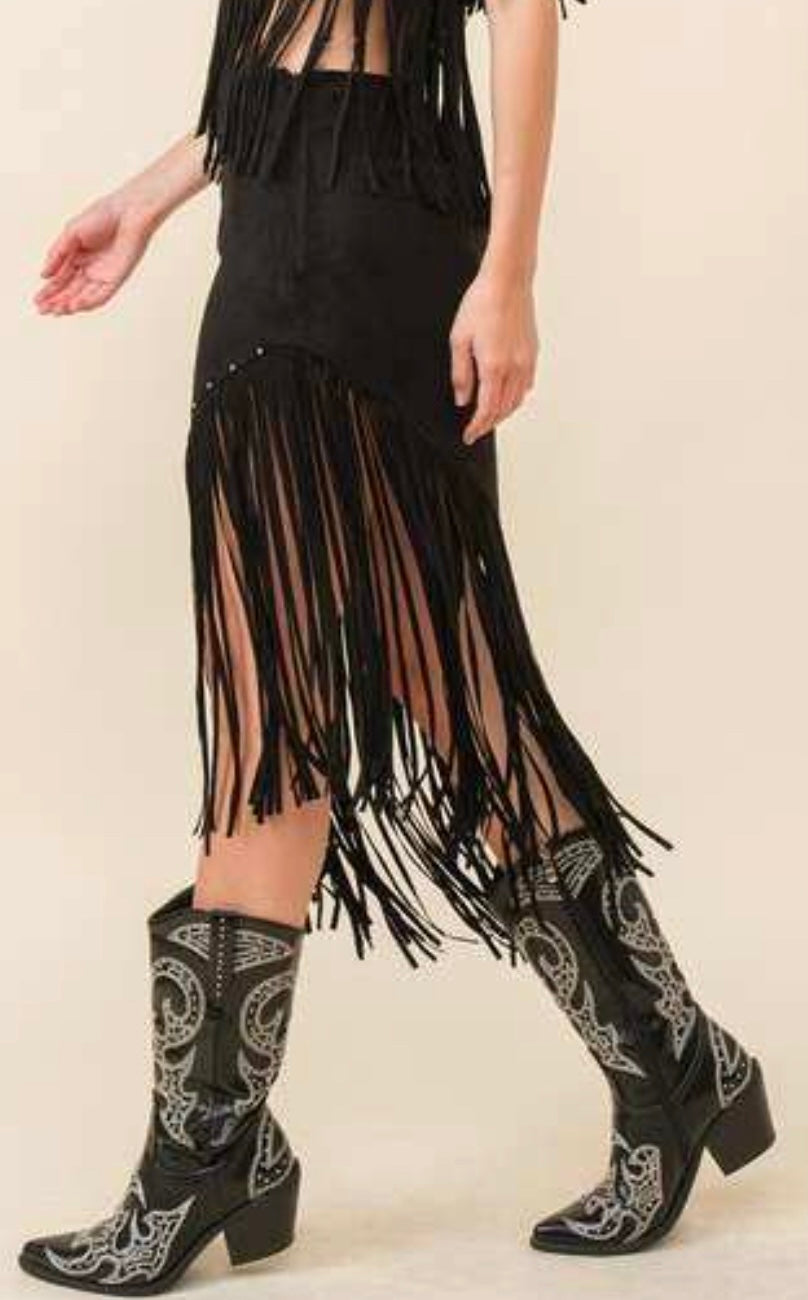 WESTERN FRINGE SUEDE UNBALANCE MIDI SKIRT