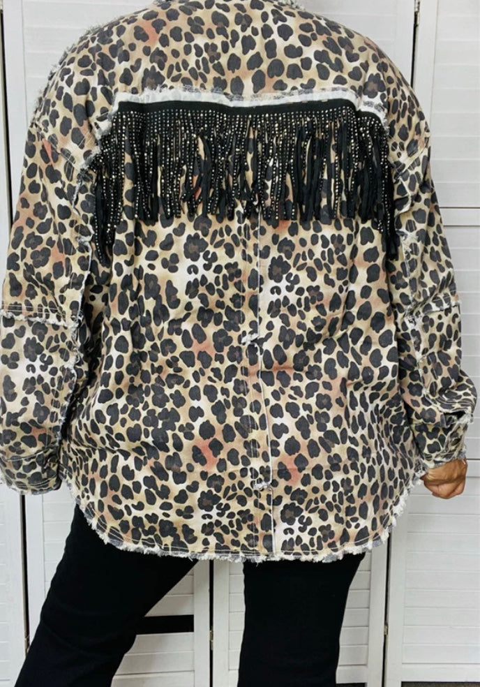 Leopard Denim Jacket with Black Stud Fringe