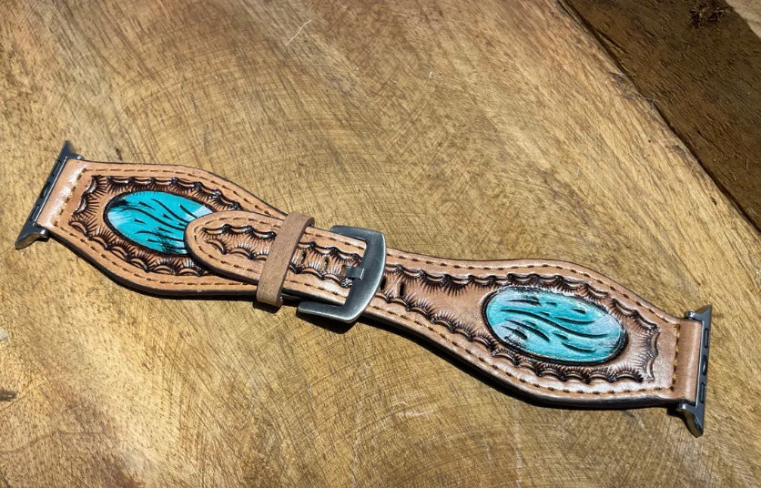Turquoise Tooled Leather 45mm Apple iWatch Band