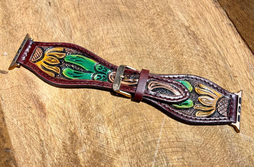 Sunflower Green Leaf Tooled Leather 45mm Apple iWatch Band