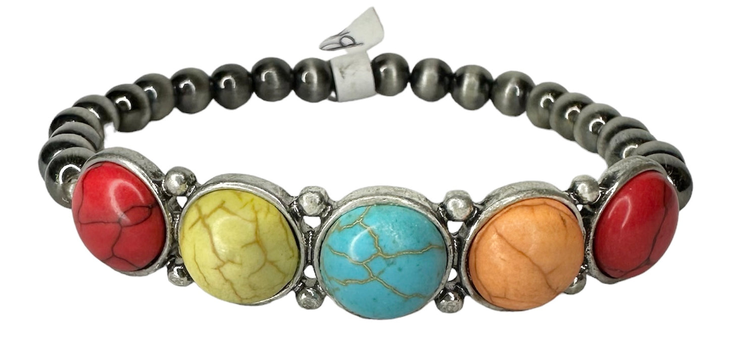 Silver Navajo Beaded Bracelet with Stone - Several Colors available