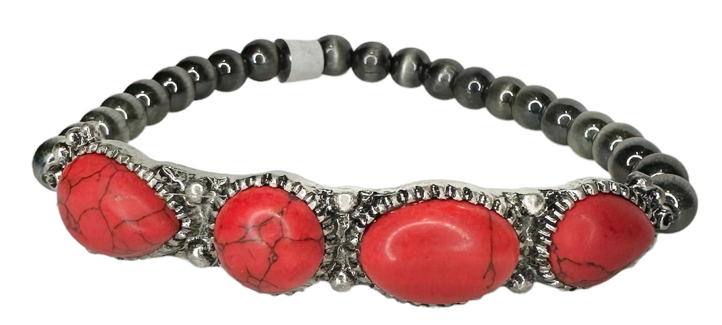 Silver Navajo Beaded Bracelet with Stone - Several Colors available
