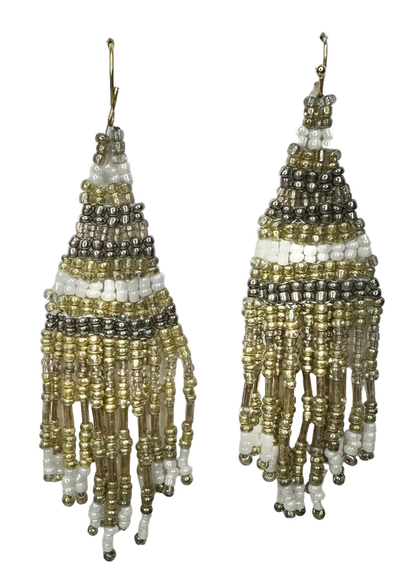 Gold and White Beaded Tassel Earrings