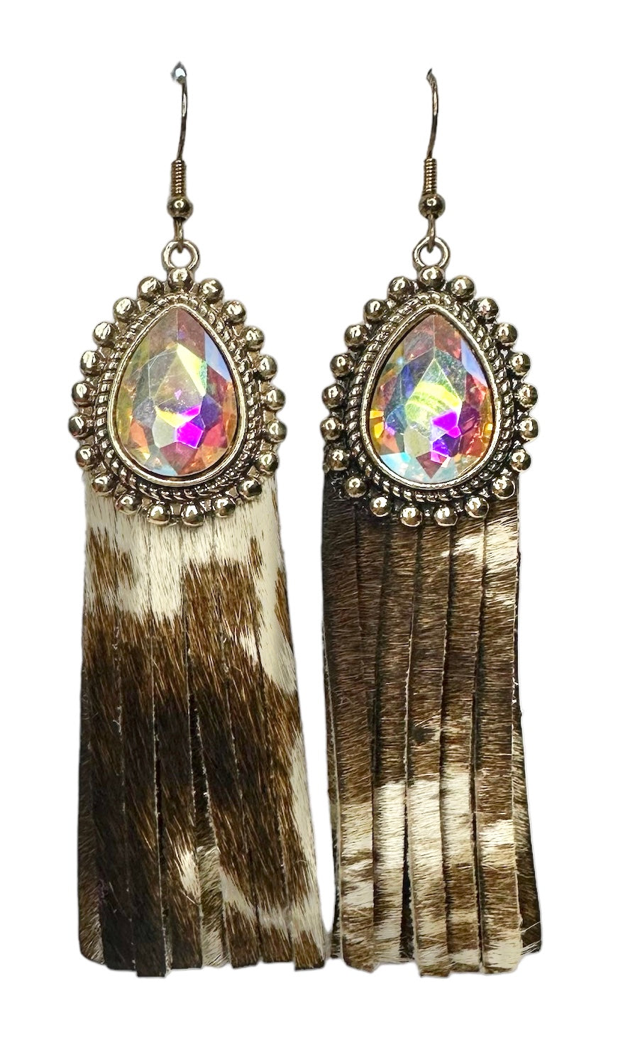 Iridescent Tear Drop with Leather Fringe - Several Colors Available