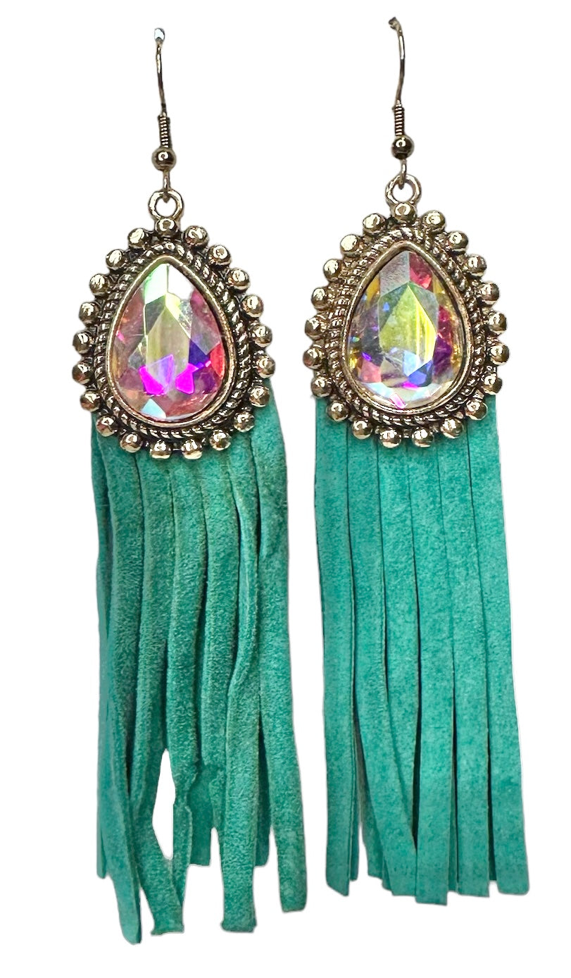 Iridescent Tear Drop with Leather Fringe - Several Colors Available