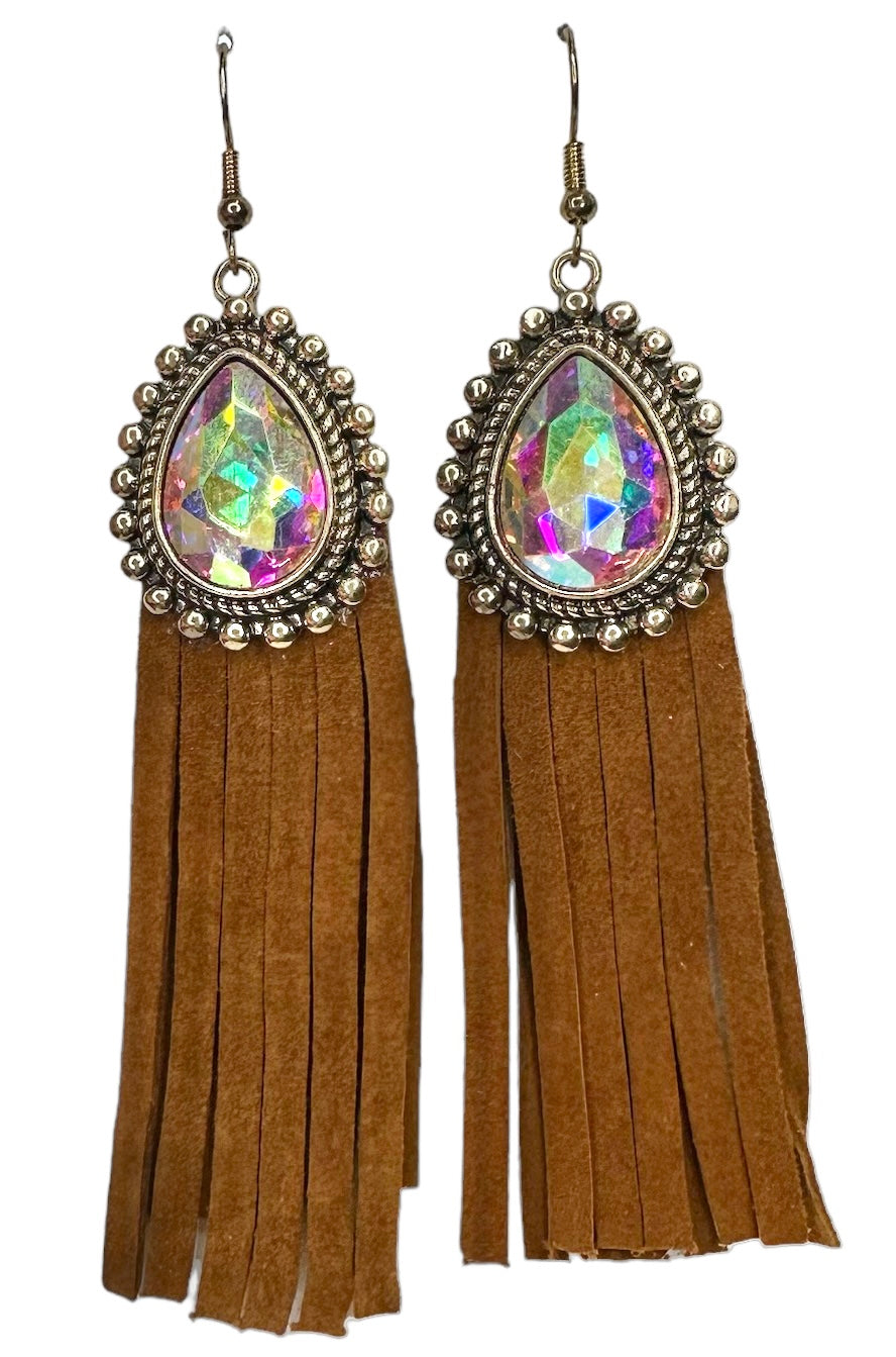 Iridescent Tear Drop with Leather Fringe - Several Colors Available
