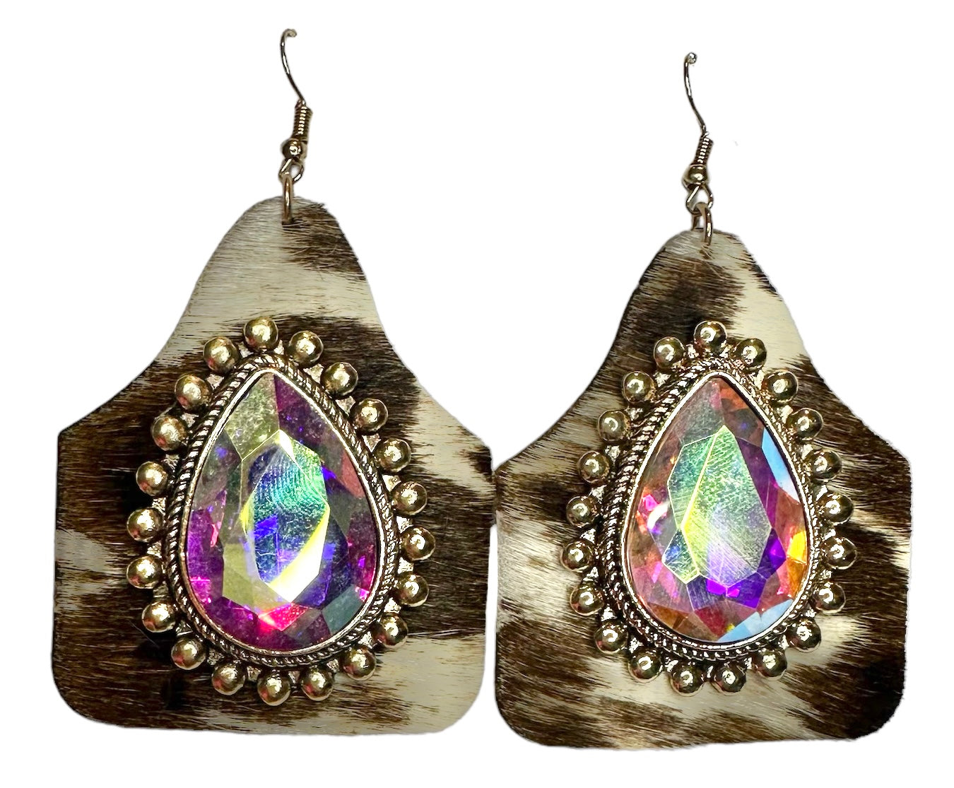 Cowhide Tags with Large Iridescent Stone