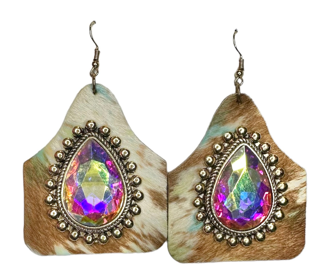 Cowhide Tags with Large Iridescent Stone