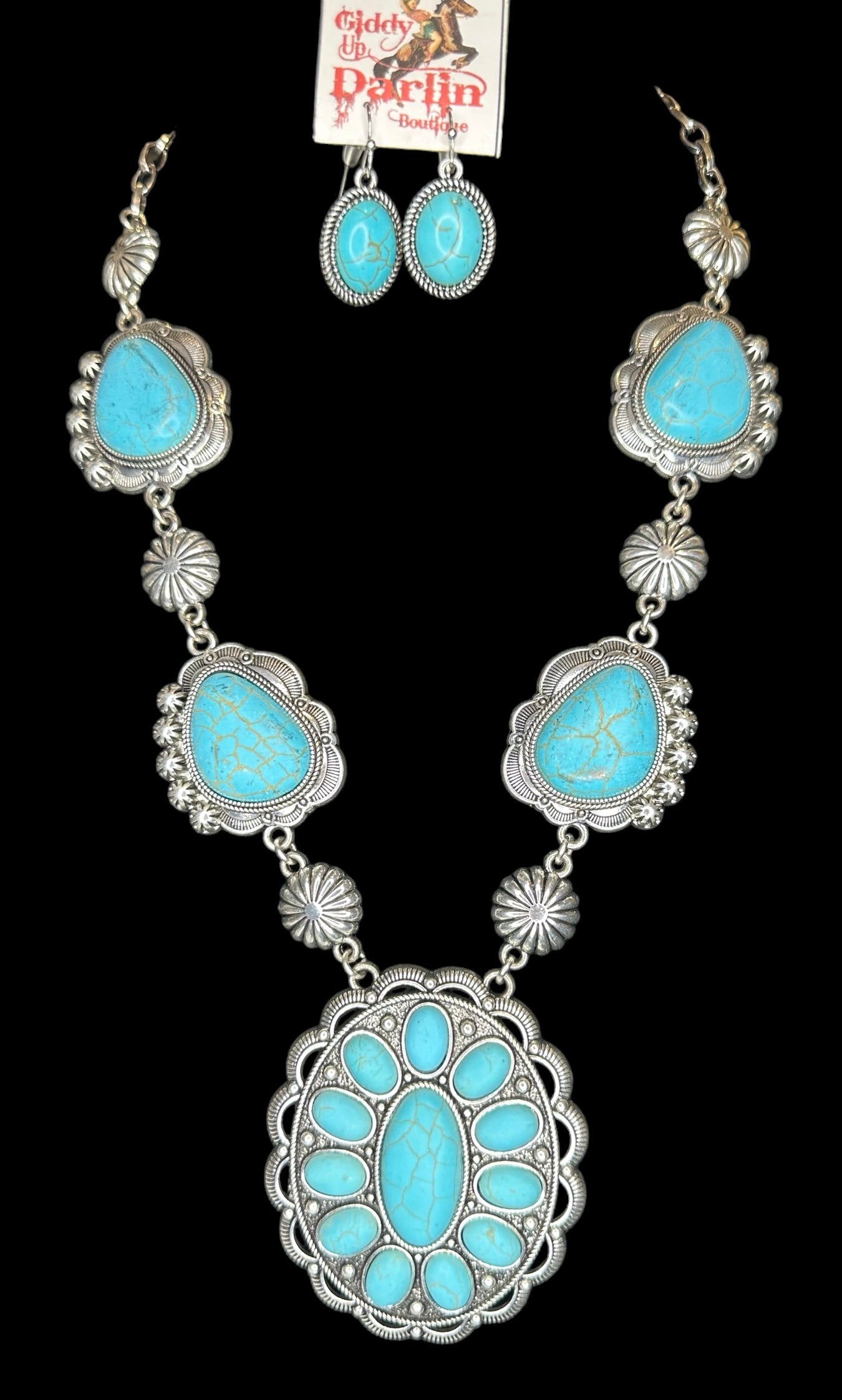 XL Silver and Turquoise Conco Necklace and Earring Set