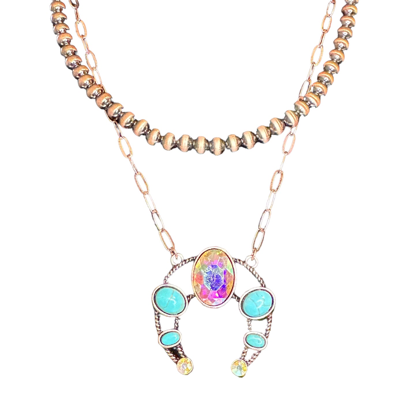 Squash Blossom Turquoise and Iridescent Stone Double Stand Necklace