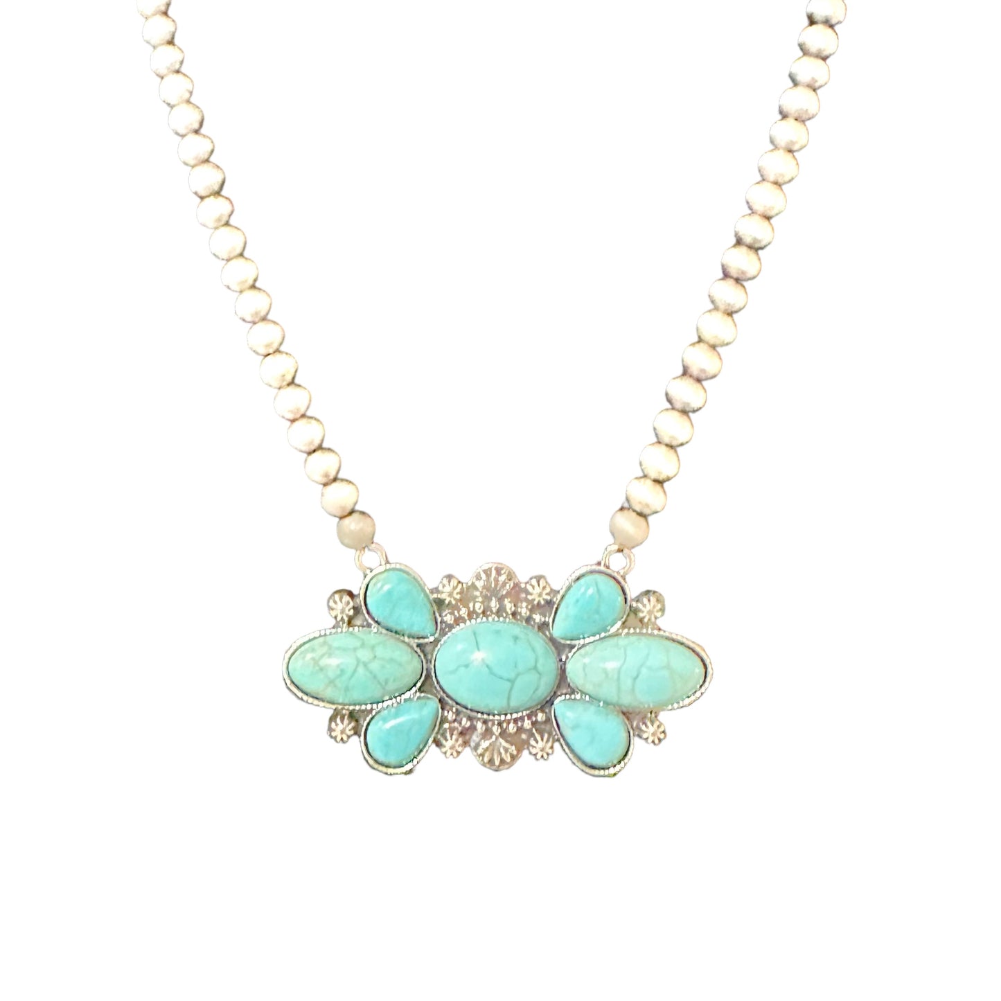 Antique Silver Turquoise Floral Beaded 19 inch Necklace