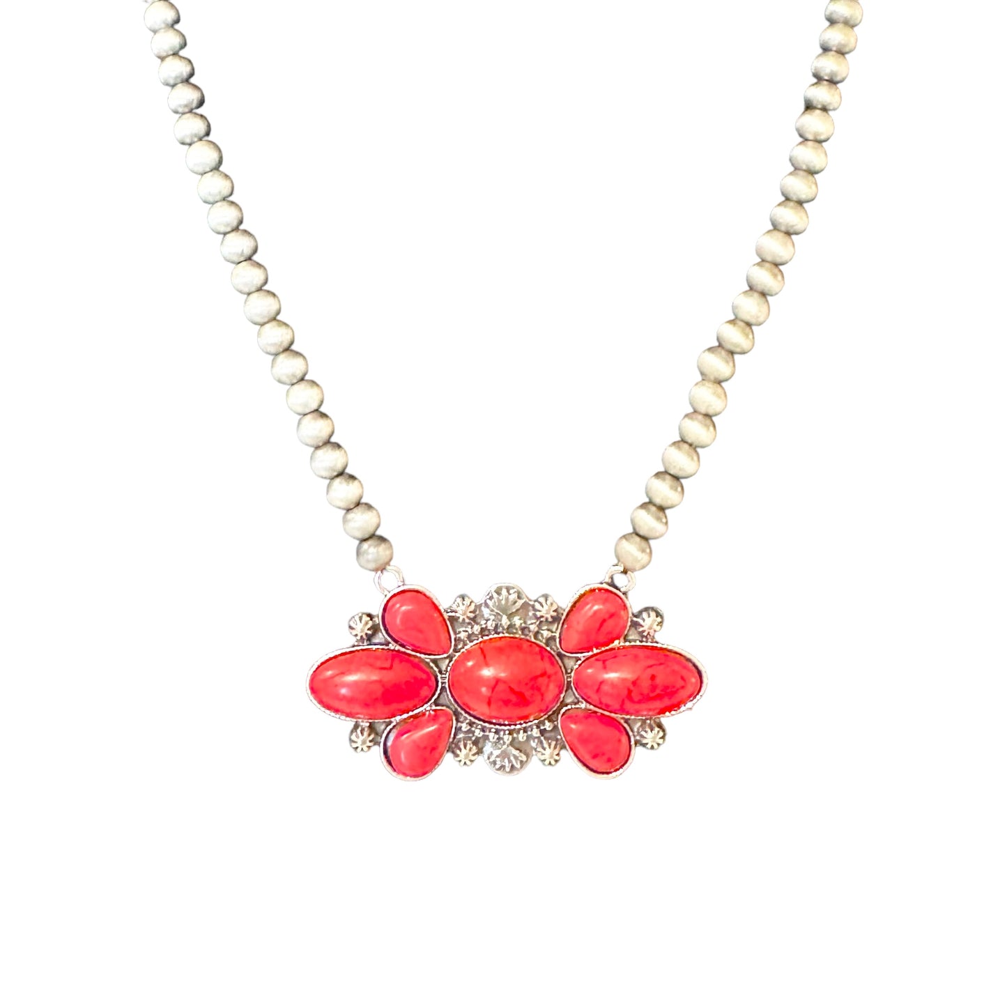 Antique Silver Red Floral Beaded 19 inch Necklace
