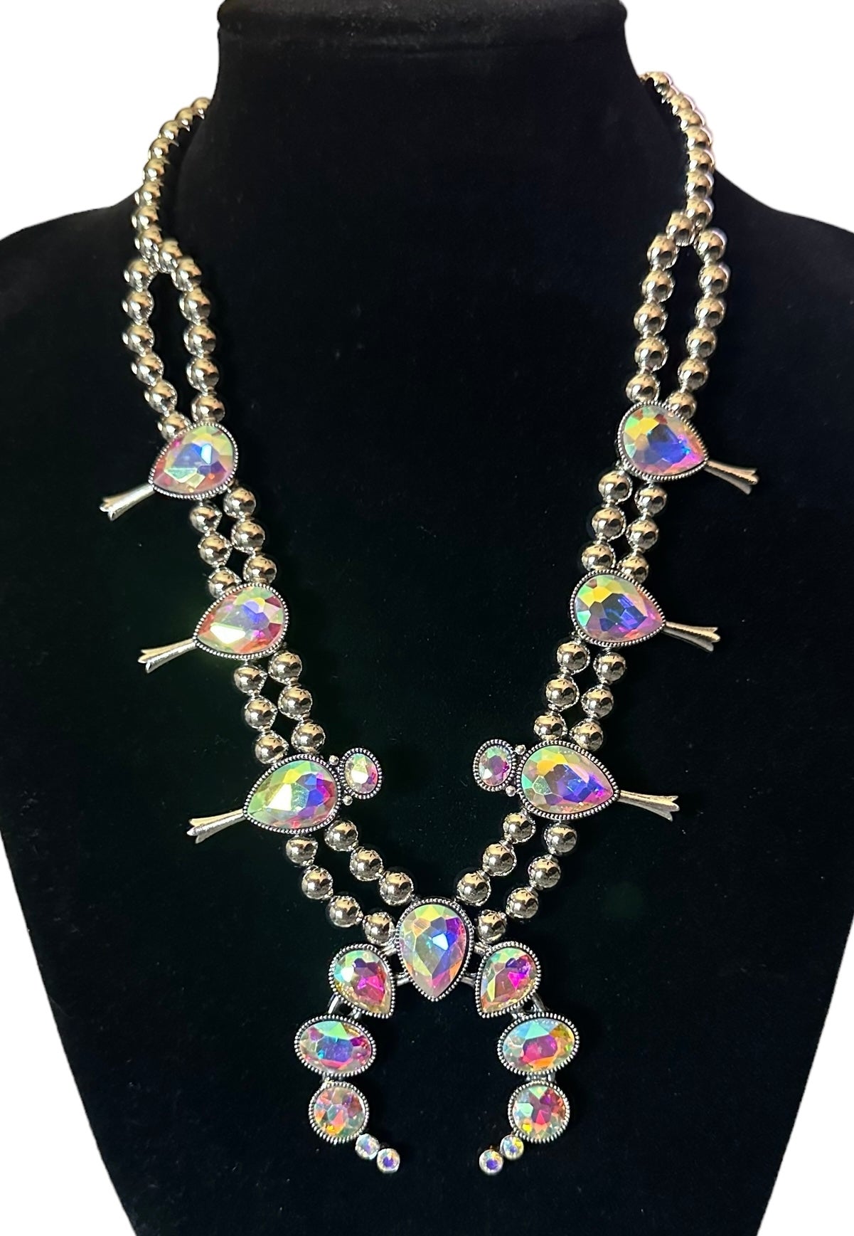 Large Silver and Iridescent Squash Blossom Necklace