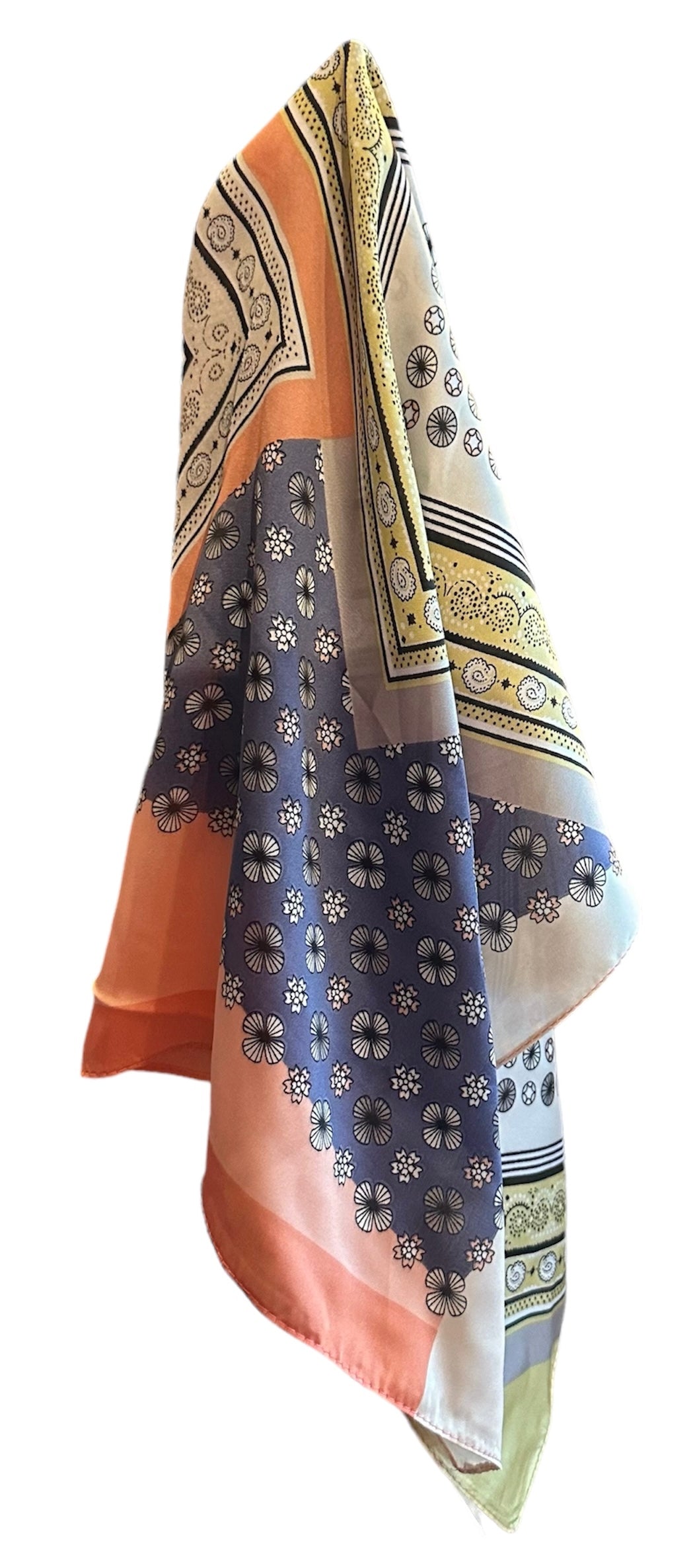 Vintage Peach, Blue and Yellow Silk Scarf