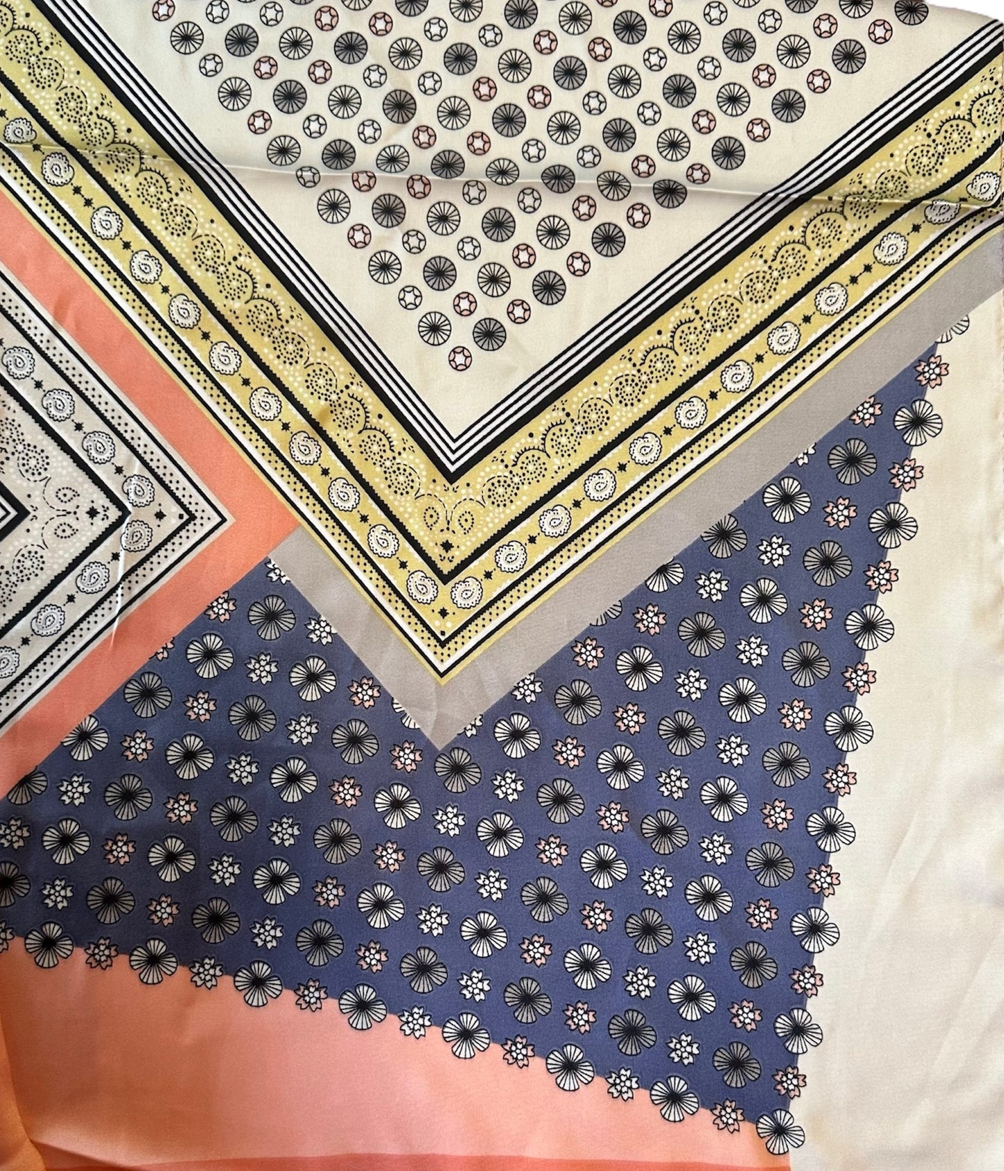 Vintage Peach, Blue and Yellow Silk Scarf