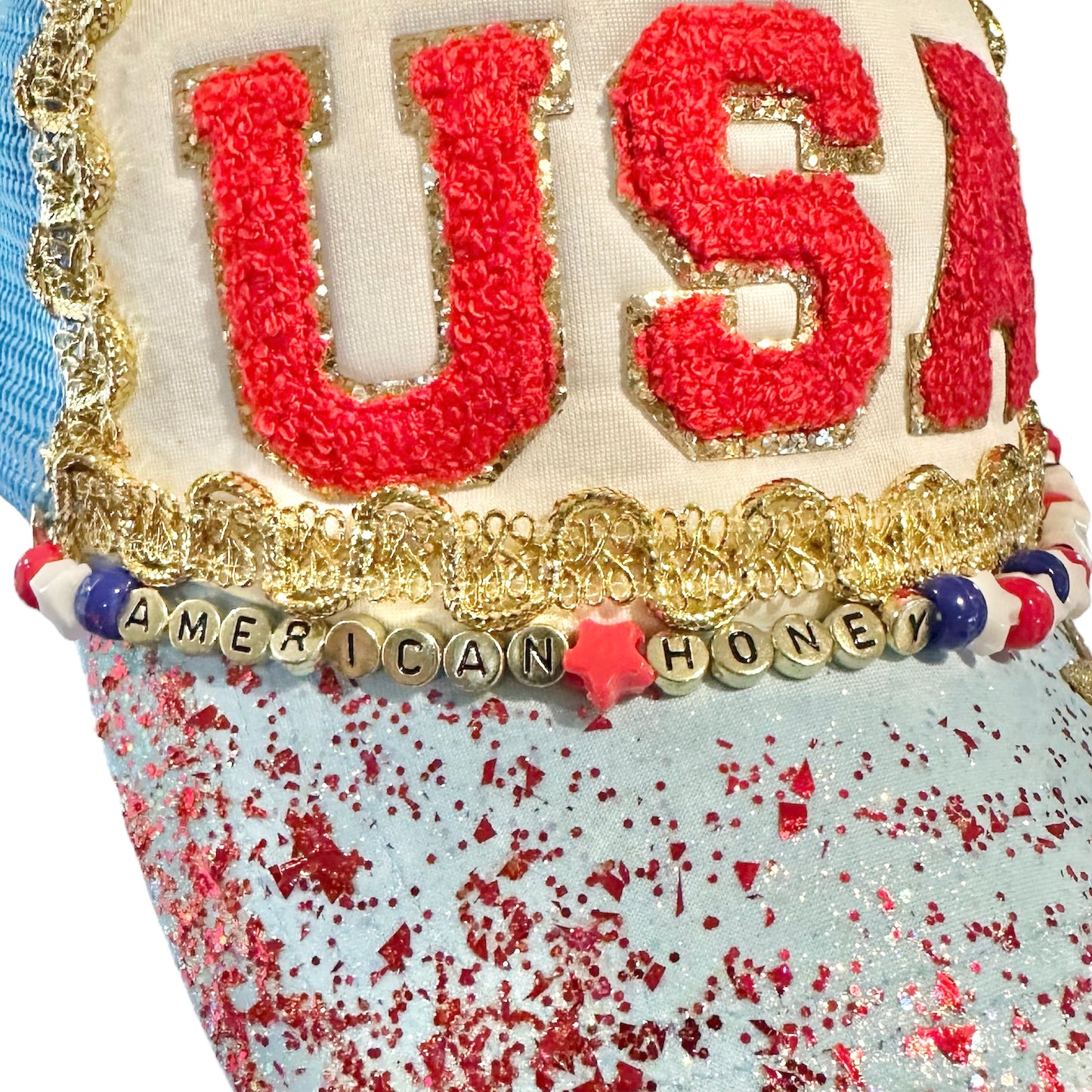 Light Blue White Red USA Gold Star Trucker Hat
