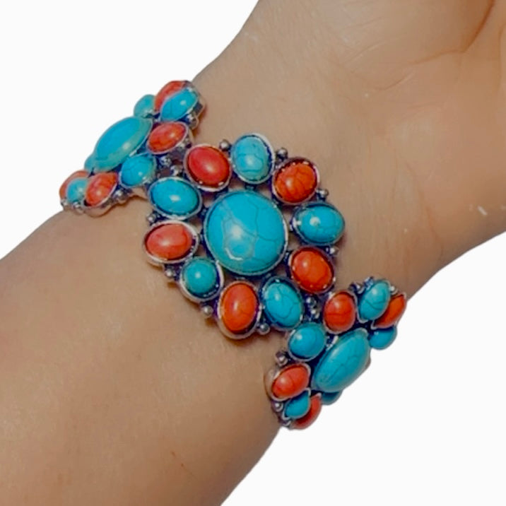 Lg Red and Turquoise Stone Elastic Bracelet