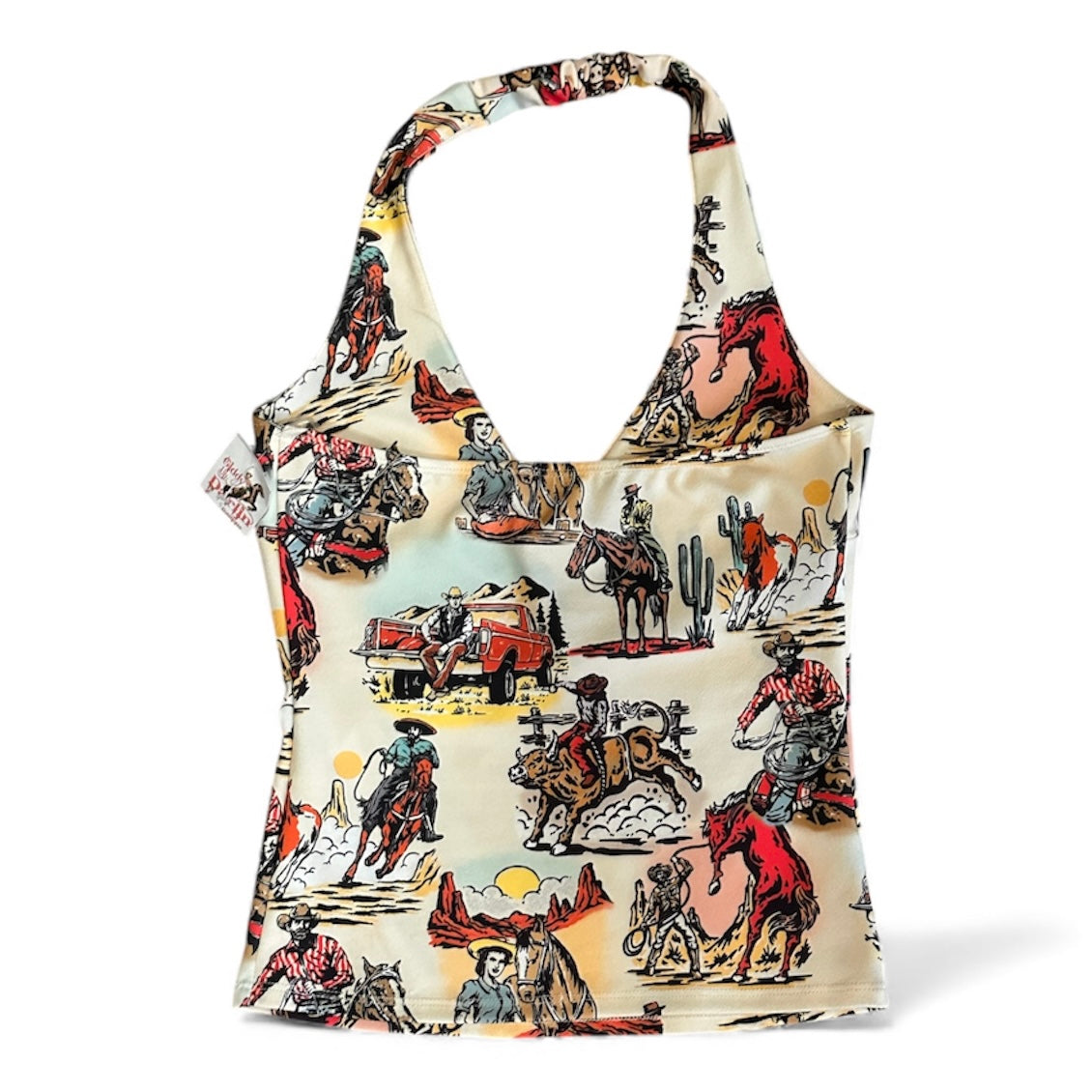 Western Print V Neck Halter Top (Cream)