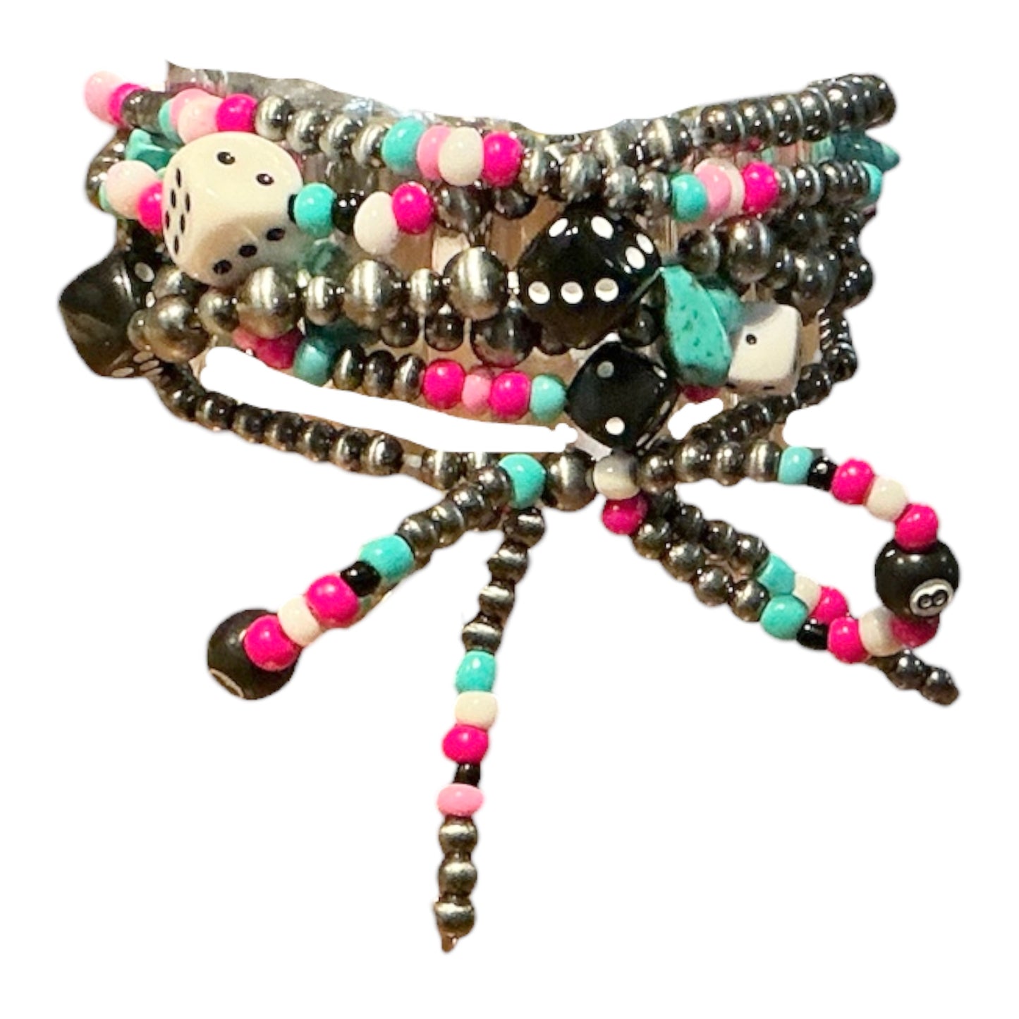 Pink Eight Ball and Dice Multi Strand Elastic Bracelet