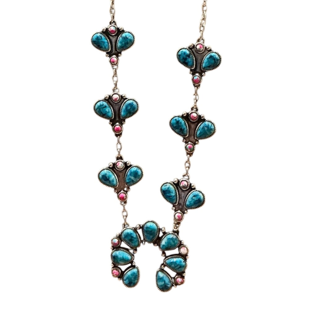 Turquoise and Pink Squash Blossom Necklace