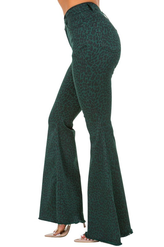 Leopard Bell Bottom Jean in Pine Green - Inseam 34"