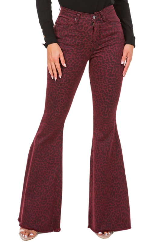 Leopard Bell Bottom Jean in Burgundy - Inseam 33.5"